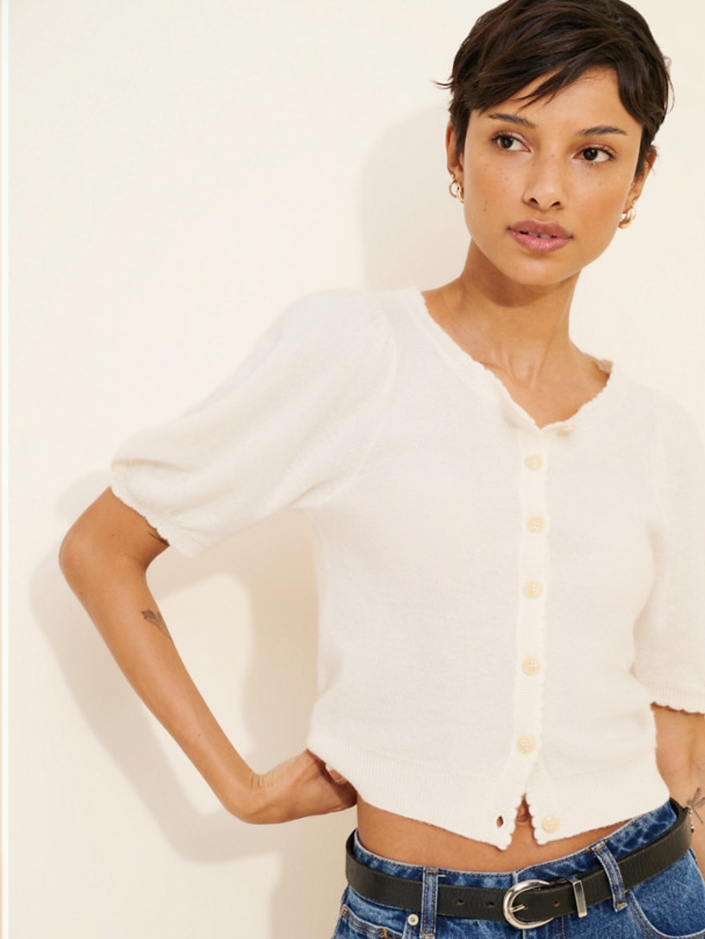 Anthropologie Cashmere Puff-Sleeve Cardigan Sweater Top Maeve White Size Small